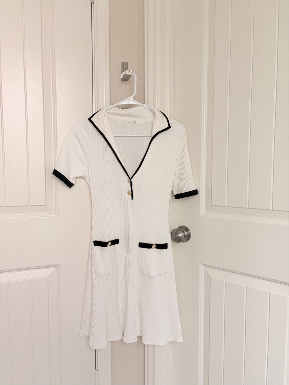 Zara White Knit Mini Dress with Black Trim